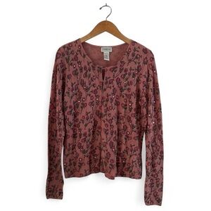 Tribeca Studio Vintage Mauve Floral Print Sequined Cardigan sz Large